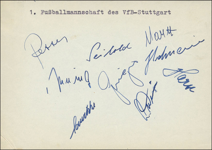 Sorry, no english description is available. ... Autograph Football 1960s VfB Stuttgart -  Condition: A-.....u.a. haben signiert Seiold, Retter, Sawitzki, Strohschneider, Marx, Geiger, Weise, Hartl. Alle in Tinte
