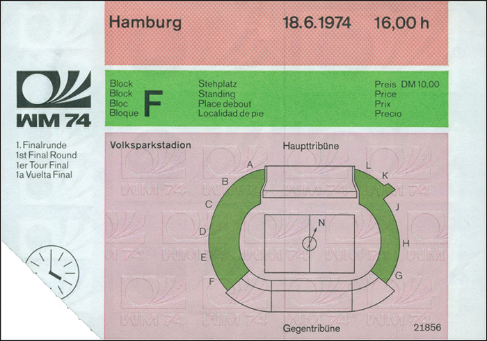 World Cup 1974. Germany vs Australia - World Cup 1974 Germany. World Cup First Round Ticket, Germany vs Australia 18.6.1974 in Hamburg.  Size 15x10 cm. --Slightly creased, handwritten note of the match pairing on the back. Minor tear marks. Condition: B-