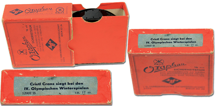  - Olympic Games 1936. Movie about Winter Games Film of the Olympic  victory of Christel Cranz (Germany, Gold medal skiing) 21 meter. One of 12 German 16mm Films. Size 8x8cm. Well kept material in original Boxl! From Ozaphan produced in 1936. (GERMAN). Condition: A