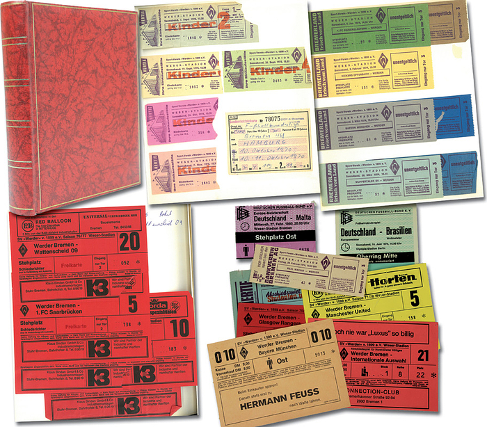 Bremen,Werder-Ticketsammlung 1970-1979  | Bundesligaticketsammlung Werder Bremen 1970 - 1979. 66 Eintritskarten von Werder Bremen (Bundesliga, DFB-Pokal, Europapokal). An den Ecken in einem Fotoalbum eingeklebet (lassen sich leicht herauslösen). Außerdem zwei DFB Länderspieltickets in Bremen (1973 + 1980).