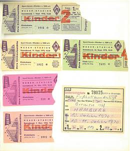 Bremen,Werder-Ticketsammlung 1970-1979  | Bundesligaticketsammlung Werder Bremen 1970 - 1979. 66 Eintritskarten von Werder Bremen (Bundesliga, DFB-Pokal, Europapokal). An den Ecken in einem Fotoalbum eingeklebet (lassen sich leicht herauslösen). Außerdem zwei DFB Länderspieltickets in Bremen (1973 + 1980). - Bild 4