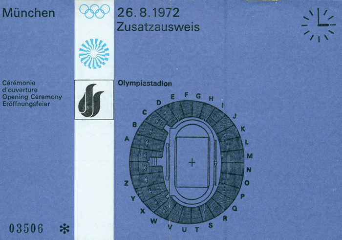 Eintrittskarte OSS1972  | "Zusatzausweis" Opening Ceremony. Eröffnungsfeier. Olympische Spiele München 26.8.1972 15.00 h. 15x10,5 cm.