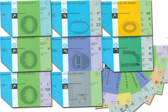  - 15 different tickets Olympic Games 1972 Munich of different sports, each 15x10.5cm. Shooting, cycling, 2x horse riding, handball, 2x football, 3x swimming, 5x athletics. - cards partially creased Condition: A-C