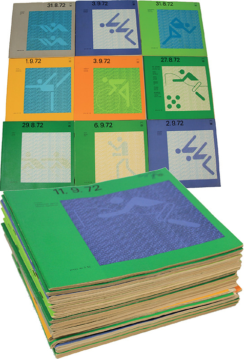  - 18 different daily programs for the 1972 Munich Olympic Games: Boxing (September 6), Rowing (August 29), Equestrian events (August 30, September 3, September 6 (with the original blacked-out "6" – the competitions on this day were canceled due to the attack on September 5 and were later rescheduled. A rarity!; September 11)), Modern Pentathlon (August 27); Athletics events (August 31, September 2, 2x September 4, 7, 9), Cycling (September 3); Gymnastics (September 1); Swimming events (2x September + 3). Approximately 700 pages, 21x10.5 cm..    Also included is shooting (31.8. - back cover missing). Great collection, a nice cross-section of sports. --With results entries Condition: C