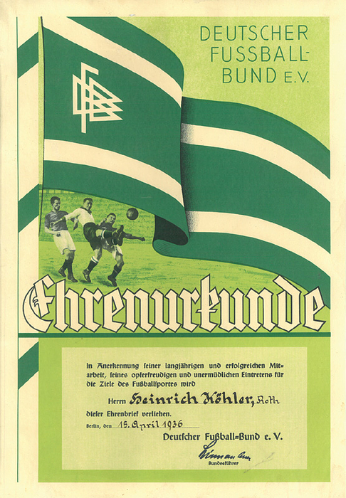  - Certificate of Honour German FA 1936. Large lithographic sheet from 1936. „Ehrenurkunde Deutscher Fussball Bund 15.4.1936“ presented to the FA Official Heinrich Koehler. Size 41x28 cm. Very rare! Cond. I-. Condition: B