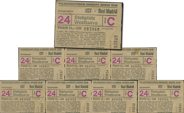  - Hamburger SV v Real Madrid (5:1). European Cup semi-final on April 23, 1980. 7 tickets in a row (serial numbers 003054 to 003060). Each 8.5 x 6 cm, unused. --An absolute rarity in this condition: unused tickets in one piece! This sensational victory took HSV to the final, where they narrowly lost 1-0 to Nottingham! --Storage marks Condition: B