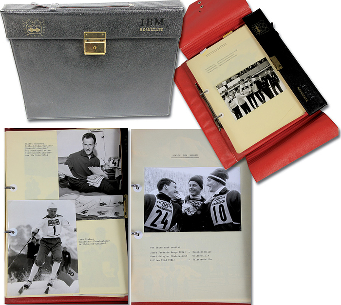  - Original IBM "IBM Results" folder with the embossed logo of the 1964 Innsbruck Winter Olympics. The folder contains approximately 100 sheets with about 120 mounted black and white press photos (17.5 x 12 cm) of the winners of the 1964 Winter Olympics, along with results and captions. Leatherette folder with brass clasp, 34 x 29 x 4 cm --The reason for creating the handcrafted folder is unknown. Presumably, it was for exclusive IBM clients. Very small print run. Condition: A-