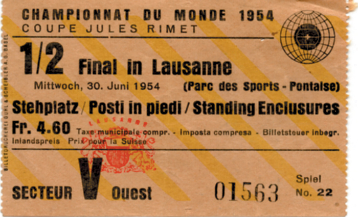 Eintrittskarte WM1954  | Eintrittskarte 1/2 de Finale. Lausanne, 30.Juni 1954, Stade Olympique  (Ungarn - Uruguay 4:2 n.V.), 9,5x6 cm.