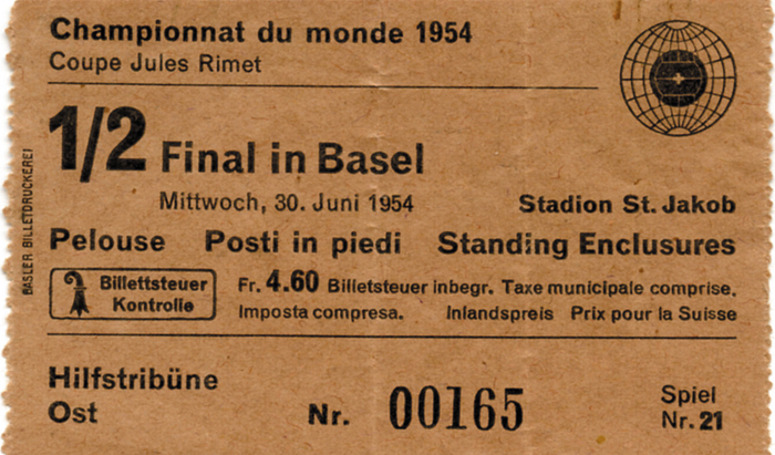  - World Cup 1954. 1/2 Final Germany vs. Austria. WC Ticket 1/2 final in Basel on 30th June 1954, seat ticket. Size 10x6 cm. -- creased. Condition: C+