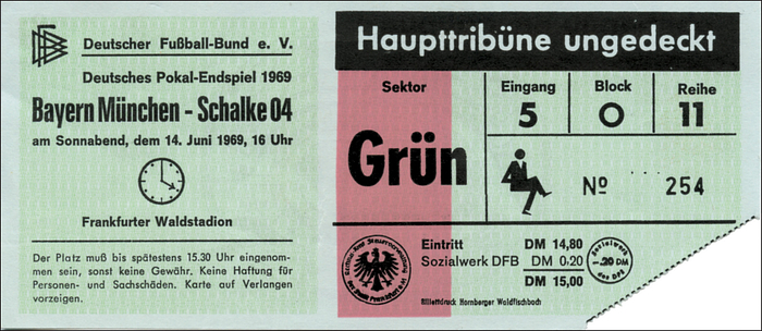 Eintrittskarte P1969  | Bayern München - Schalke 04 (2:1). Deutsches-Pokalendspiel am 14.6.1969 in Frankfurt. 17 x 7,5 cm.