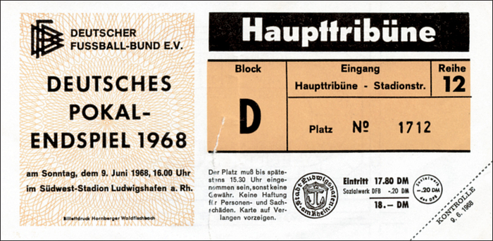Eintrittskarte P1968  | Eintrittskarte zum Deutschen Pokal-Endspiel 1968: 1. FC Köln - VfL Bochum (4:1) am 9.6. im Südwest-Stadion Ludwigshafen a. Rh., 17x8,5 cm.