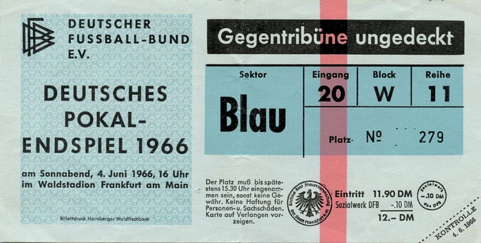 Eintrittskarte P1966  | Bayern München - Meidericher SV (4:2). Deutsches-Pokalendspiel am 4.6.1966 in Frankfurt, 17x7,5 cm.