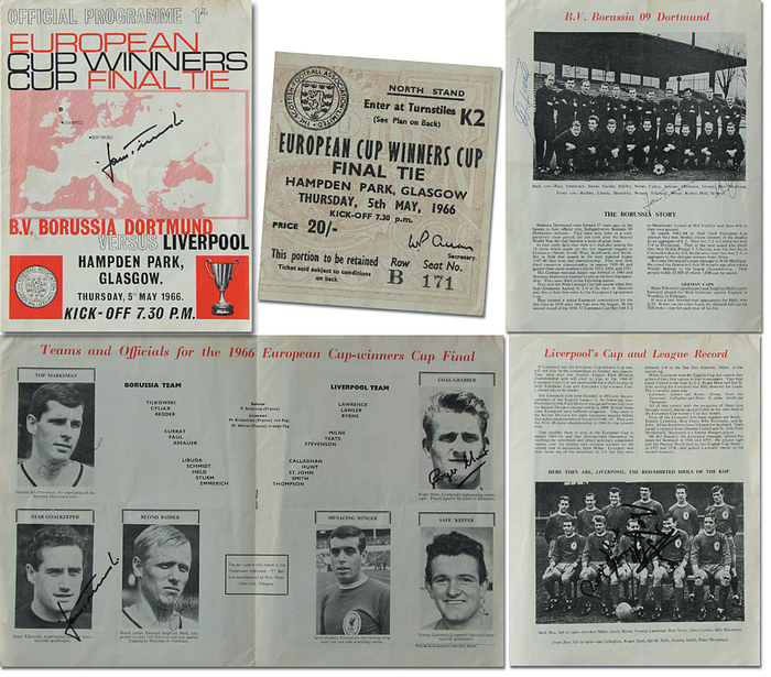 Programm EP1966  | Endspiel Europapokal der Pokalsieger. Borussia Dortmund - FC Liverpool. 5.5.1966, Glasgow und Eintrittskarte. Programm mit 14 original Signaturen der Spieler beider Mannschaften im Innenteil.