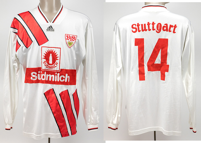 Stuttgart, VfB - Trikot 1993  | Original match worn Spielertrikot vom VfB Stuttgart mit der Rückennummer 14. Getragen von Thomas Scheider in Spielen der Bundesliga-Saison 1993/94. Sponsor Südmilch. Status:ABA.