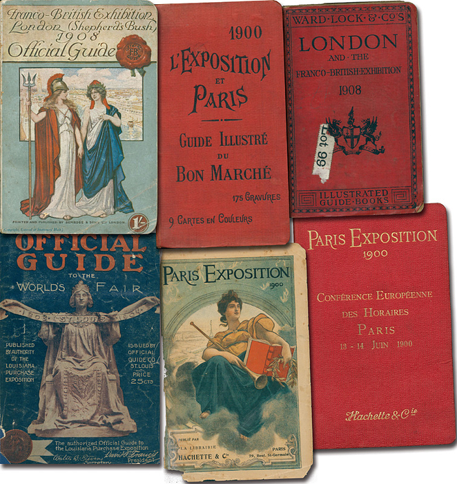  - Three guides for the 1900 World Exhibition in Paris, one for St. Louis in 1904, and two for the 1908 World Exhibition in London. The Olympic Games of 1900, 1904, and 1908 were held as part of these events. --A total of approximately 1,700 pages with illustrations. 20x14 to 17.5x11 cm Condition: B-C