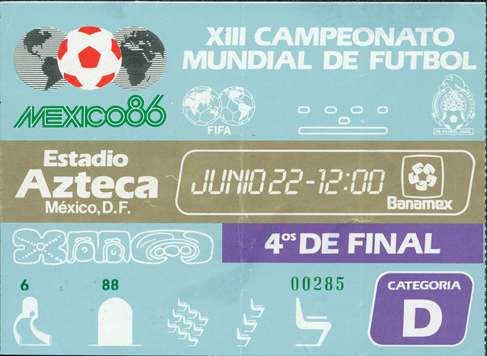 Eintrittskarte WM1986  | Fußball -Weltmeisterschaft 1986.  1/4-Finale: England - Argentinien (1:2) am 22.Juni in Mexico. 13.5x10 cm.