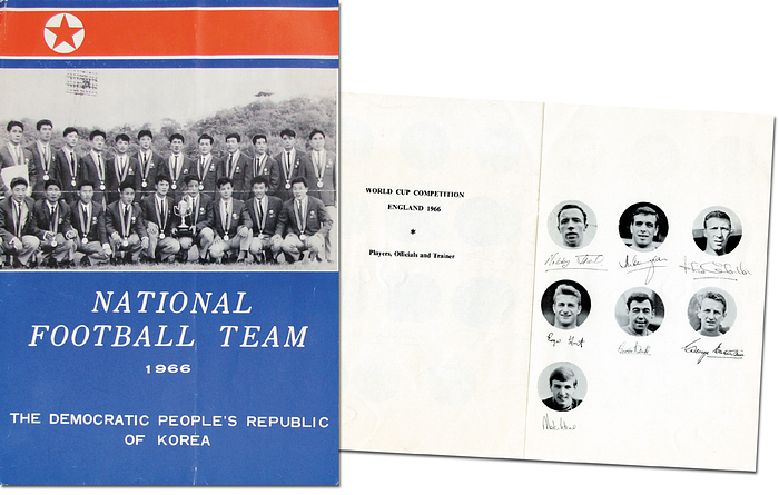  - Official team brochure of the Korean team on occasion of the World Cup in England 1966; contains photos and brief biographies of all players. Rare. Folded. Handwritten notes on the inside. Plus a leaflet of the English football team "World Cup Competiton England 1966. Players, Officials and Trainer (6 pages photos and facsimile signatures only, 18.5x12 cm). 8 pages, 30 black-and-white photos approx., 25x17.5 cm, paperback Condition: C