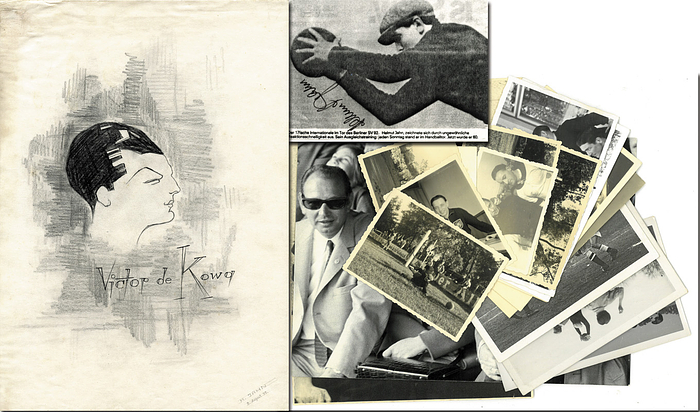 Jahn, Helmut  | (1917-1986) S/W-Bildkopie mit original Signatur von Helmut Jahn (17 DFB LS), 14x10 cm Dabei: 16 S/W-Fotos aus dem Nachlass von Helmut Jahn ( 24x20 cm bis 8,5x6 cm) und einer von Jahn angefertigen Bleistiftzeichnung von "Viktor de Kowa" (bekannter deutscher Filmschauspieler (30x21 cm) von Helmut Jahn signiert (3.8.1939).