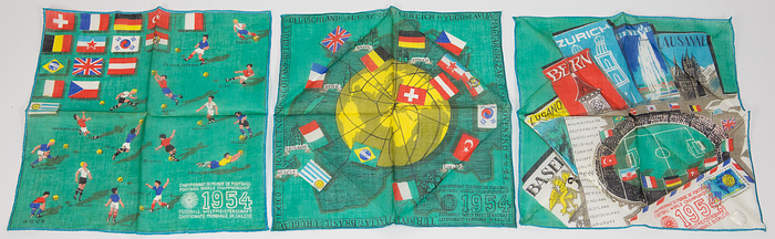  - World Cup 1954. Commemorative Silk Scarf: Three four-color printed silk scarves "1954 World Cup" featuring the flags of the participating teams. Three different designs. Manufacturer: Stoffels. 27 x 27 cm. In original cardboard box. --Rare, beautiful souvenir pieces. Extremely fine (EF). Condition: A
