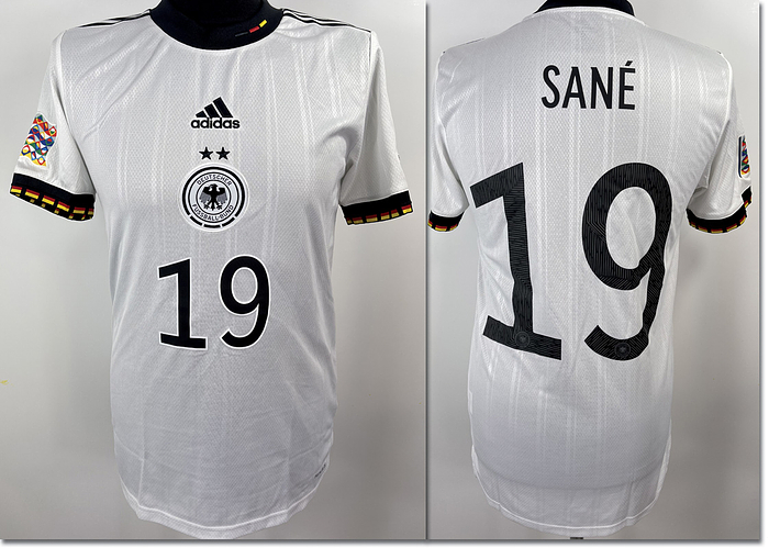  - Original match issued DFB player shirt with the number 19. Prepared for Leroy Sane for the Nations League match against England on June 7, 2022 in Munich. Status:AAB --Short-sleeved shirt; size S; embroidered DFB logo, Adidas manufacturer logo, and stars, rubber-embroidered player number and name, flocked Nations League patch; flocked Foundation patch; 100% polyester; Made in Vietnam; Jersey comes from the collection of a DFB official Condition: A