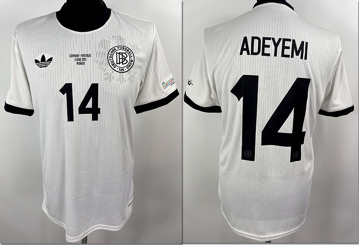  - Original match-worn DFB player jersey with number 14. Worn by Karim Adeyemi in the Nations League semi-final against Portugal on June 4, 2025, in Munich. Status:AAB. Short-sleeved shirt; size M; DFB logo, embroidered Adidas manufacturer logo, rubberized player number, player name, and match detail, flocked Nations League patch; flocked Foundation patch; 100% polyester; Made in Vietnam; Jersey comes from a DFB supervisor Condition: A