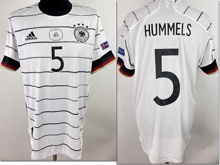  - Original match-worn DFB player shirt with the number 5. Worn by Mats Hummels in the European Championship match against France on June 15, 2021 in Munich.Shirt comes from the collection of a former DFB employee. Status: AAB --Short-sleeved shirt; size 8; DFB logo, rubber-applied Adidas manufacturer logo, rubber-applied match detail, player number, and player name; flocked European Championship patch and Respect patch; Adidas HEAT.RDY; 100% polyester; Made in Cambodia; Jersey comes from the collection of a DFB employee Condition: A