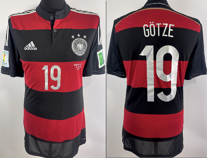  - Original match-issued DFB player shirt with Mario Götze's number 19. Designed for the group match against the USA on June 26, 2014, in Recife, Brazil, which the German national team won 1-0 with a goal from Thomas Müller. Short-sleeved shirt; size 7; DFB logo, rubberized Adidas manufacturer logo, rubberized match detail, player number, and player name; flocked 2014 World Cup patch and Football For Hope patch; UV-tested; Adizero; 100% polyester; Made in China; Status AAB --Jersey comes from the collection of a DFB employee Condition: A