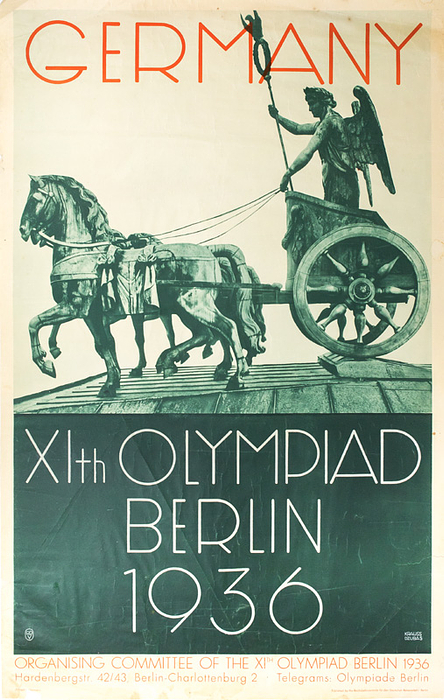 Plakat OSS1936  | „Germany XIth  Olympiad Berlin 1936“ Mehrfarbiges, offizielles Werbeplakat in englischer Sprache für die Olympischen Spiele 1936 in Berlin. Entwurf: Krauss/Dzubas 100x64 cm.