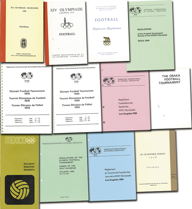  - Collection of 12 official regulations for football from the Olympic Games 1936 - 1996. --Available: Berlin 1936, London 1948, Melbourne 1956, Rome 1960, Tokyo - Osaka 1964 (extremely rare!), Mexico 1968, Montreal 1976, Moscow 1980, 2x Los Angeles 1984 (various languages), Seoul 1988 and Atlanta 1996. Nice collection. Condition: A-B