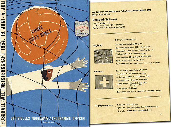 World Cup 1954. Programme England v Suisse - Official programme group 4 England v Suisse. Original, size 21x15cm, 32 pages with photos. Handwritten notes on rear of jacket, handwritten results on pages showing the line-ups. Condition: C