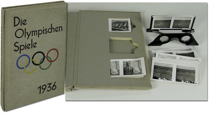  - Die Olympischen Spiele 1936. 100 spatial Photographs by Heinrich Hoffmann. Sptial view album with 60 pages of descriptive text. Original four-colour linen case with original glasses. Viewing the pictures through the enclosed glasses gives a three-dimensional effect. Binding loosened, otherwise good copy! With 100 b/w 3D pictures (complete) and the original viewing glasses. In original cloth bound album with 60 pageswith text. Size 21x30cm. Binding loose, otherwise good copy! Condition: C+