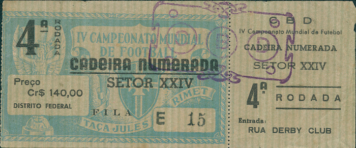 Eintrittskarte WM1950  | Eintrittskarte "IV Campeonato Mundial de Football Estadio Municipal Rio de Janeiro 4a Rodada" Spiel Brasilien - Jugoslawien (2:0) am 9.Juli 1950. 17x7,5 cm.
