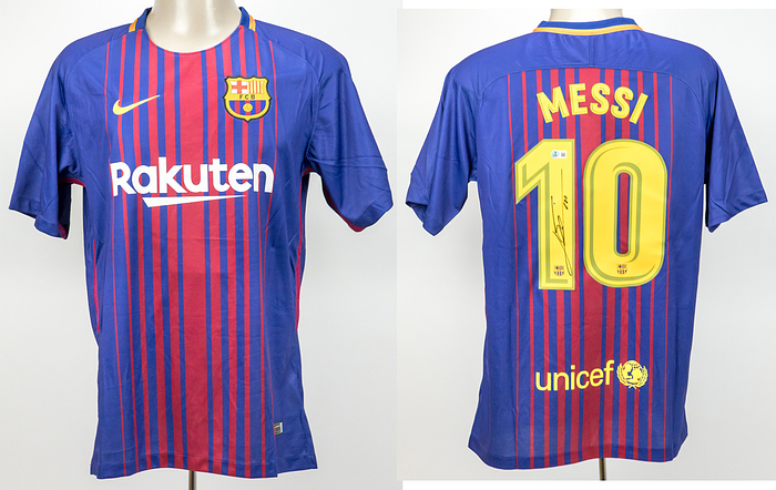Barcelona, FC - Messi  | Original Nike Fanshirt FC Barceolna mit der Rückenummer "10 Messi". Mit original Signatur von Lionel Messi auf der Rückennummer. Größe L. Mit Echtheitsholhogramm von "Witnes Autographs"