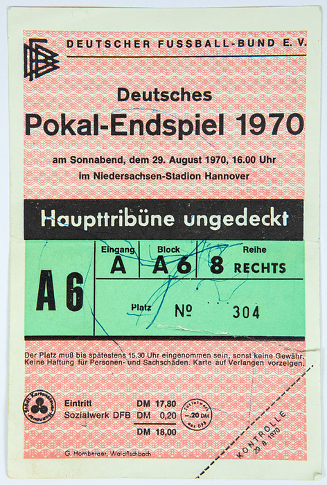 Eintrittskarte P1970  | Deutsches Pokal-Endspiel 1970: Offenbacher Kickers - 1.FC Köln (2:1) am 29.8. im Niedersachsen-Stadion Hannover. 15x10 cm.