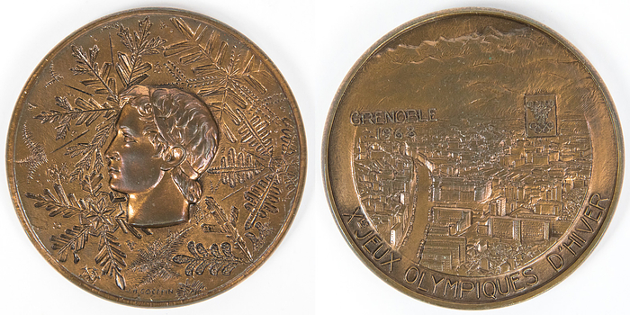 Teilnehmermedaille 1968  | Teilnehmermedaille Olympische Winterspiele Grenoble 1968. Bronze. 6,8 cm.