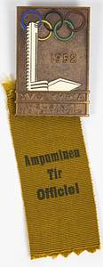  - Olympic Games 1952. Participation badge shooting: Helsinki „Ampuminen Tir Officiel" (Shooting Officiell) with brown silk ribbon. Bronze, multicouloured enameled. Very rare!! Size 3.3x11.5 cm. Condition: A - Bild 2