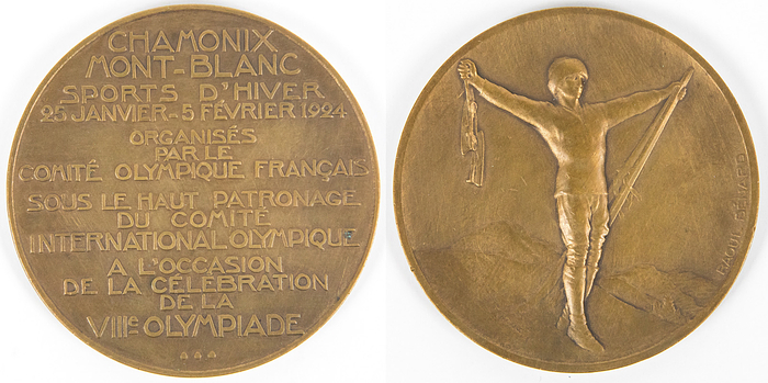 Olympic Games 1924. Participation medal Chamonix - Olympic Games 1924. Participation medal Chamonix and Winner medal I Olympic Winter Games 1924 Chamonix: in bronze from the first ever Olympic Winter Games (R. Bénard). There were only 258 participants in the games, and this was the first and only time that the participation medals were also used for the Olympic 3rd place bronze medal. Size 5.5 cm, in bronze. EF. Hallmarked "bronze." Condition: A