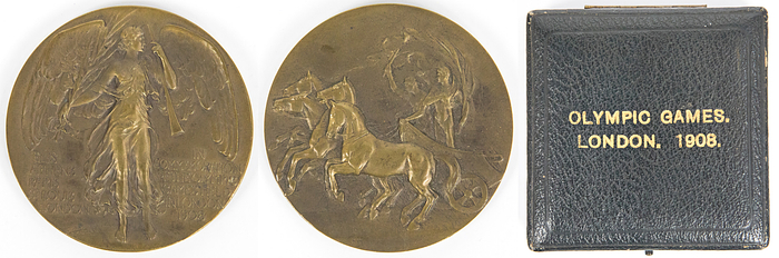 Teilnehmermedaille 1908  | Offizielle Teilnehmermedaille der Olympischen Spiele 1908 „In Commemorative of the Olympic Games held in London 1908“. Von B.Mackennal. Bronze, 5 cm. In original box mit der Aufschrift "Olympic Games of London 1908.".