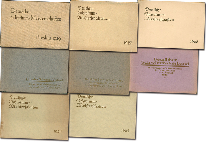 Schwimmen - 1919-1929  | Deutscher Schwimmverband: 8 offizielle Bildbände über die Deutschen Schwimm-Meisterschaften 1919 - 1929: 1919 Magdeburg; 1920 Darmstadt; 1922 Georgenthal; 2x 1924 Berlin; 1926 Düsseldorf; 1927 Hannover; 1929 Breslau.