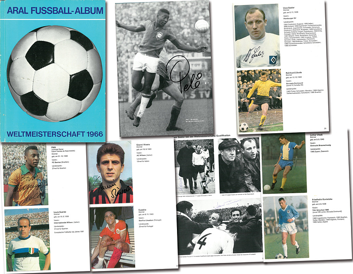 World Cup 1966 Aral Vol 1Cards with 36 autographs - Complete set of cards (36 cards) with 36 original signatures on the cards or in the album from Pele, Eusebio, Bobby Moore and all German players. Size 24x32cm, 53 pages. (GERMAN). --The pictures were inserted into the album using photo corners. Condition: B-