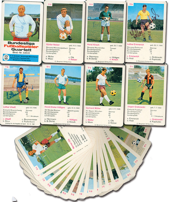 Kartenspiel 54922  | Bundesliga Fußballspieler Quartett Nr. 54922. Deckblatt „Uwe Seeler“. Mit 24 original Signaturen der Spieler!!!.