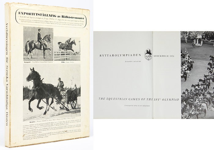  - Olympic Games 1956. Official Report Stockholm: „The Equestrian Games of the XVIth Olympiad“. A retrospective survey in text and pictures. Official Report from the OC. Size 22x31 cm, 268 pages cloth bound,with 400 b/w photos. (SWEDISH/ENGLISH). With dust Jacket. This edition comes with four folding maps in the supplement. (These are missing in most copies). Small tears on jacket, minor bad spot on rear. Condition: B-C