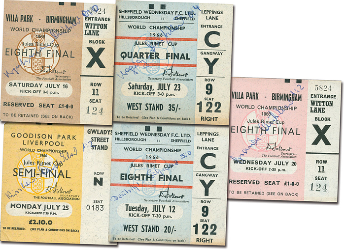  - World Cup 1966: All five tickets of the German national team at the 1966 FIFA World Cup in England, up to the final. Five tickets: Germany vs. 1) Argentina (Round of 16); 2) Spain (Round of 16); 3) Switzerland (Round of 16); 4) Uruguay (Quarter-final); 5) USSR (Semi-final). Each 8.7 x 8.5 cm. A fine collection. --Match pairing handwritten on card; reverse side with tear marks. Condition: C+