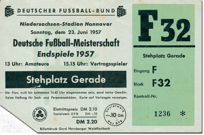 Eintrittskarte DM1957  | Endspiel Deutsche Fußballmeisterschaft 1957: Borussia Dortmund -Hamburger SV am 23.6.1957 in Hannover. 15x10 cm.
