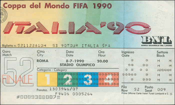 Eintrittskarte WM1990  | Coppa del Mondo FIFA 1990. Finale: Deutschland - Argentinien am 8.7.1990 in Rom, Stadio Olimpico. 15,3x9,5 cm.