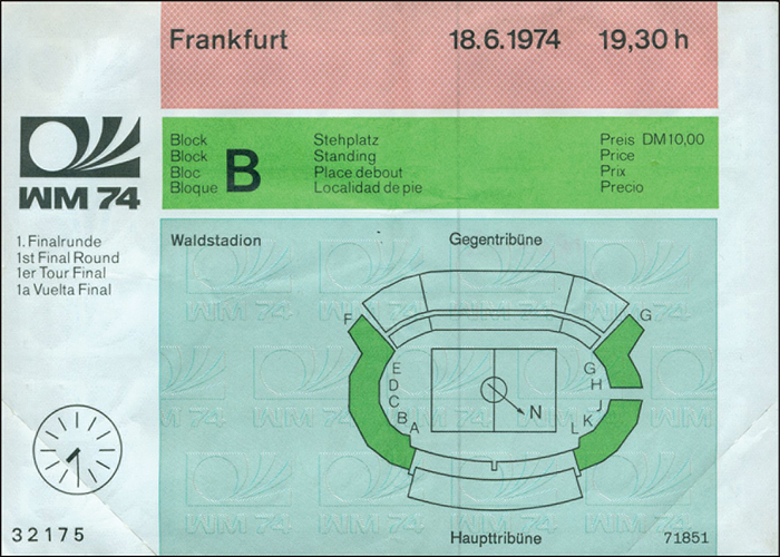  - World Cup 1974. Ticket Brasil v Scotland 18th June in the Frankfurter Waldstadion, Size 10.5x15 cm. - kincked, note on the back. Football World Cup 1974. Condition: B-