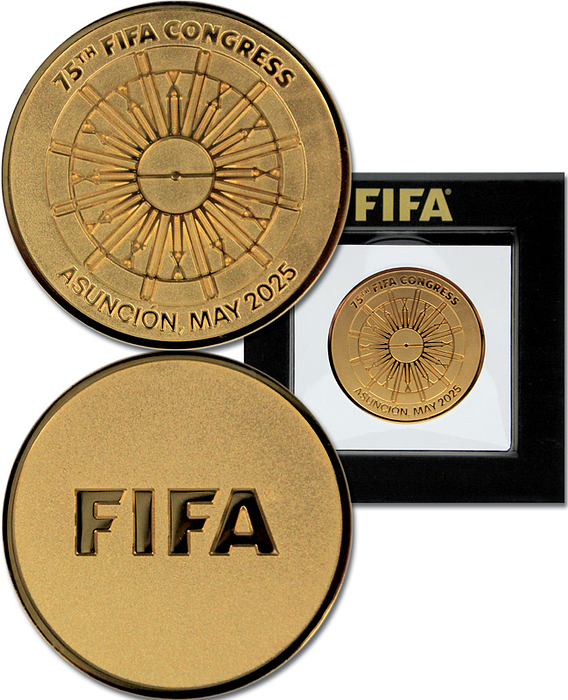 FIFA-Medaille 2025  | Vergoldete Teilnehmermedaille zum 75th FIFA Congress. Asuncion May 2025. 5 cm. Im original Etui.