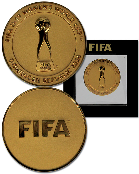  - "FIFA U-17 Women's World Cup Dominican Republic 2024" Official participant medal for coaches, officials, and players who took part in the 2024 FIFA Women's World Cup. Bronze, gold-plated. 5.0 cm. In original case. Condition: A