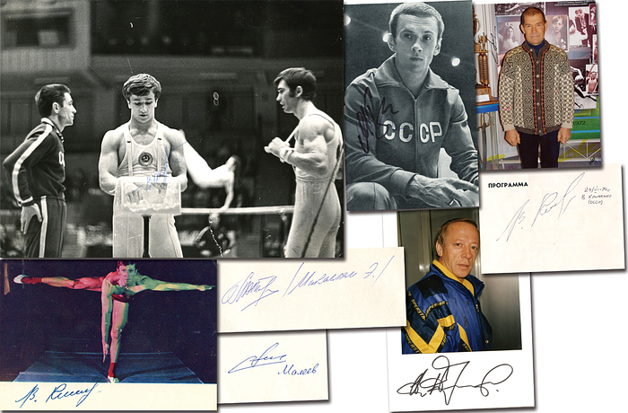 UdSSR Turnen OSS1972 Herren  | Silbermedaille im Turnen Mehrkampf Team für die UdSSR bei den Olympischen Spielen 1972. 6 original Signaturen: Nikolai Andrianow (1952-2011; 1972-1980: 7x Gold, 5x Silber, 3x Bronze); Wiktor Klimenko (1968: Silber + Bronze; 1972: Gold + 2x Silber); Alexander Malejew (1947-2023; Selten); Eduard Mikaeljan (Selten!); Wladimir Stschukin (Shchukin; S/W-Pressefoto, Selten!);  Michail Woronin (1945-2004; 1968: 2x Gold, 4x Silber, 1xBronze; 1972: 2x Silber; S/W-Magazinfoto). 22x18 bis 9x6,5 cm.