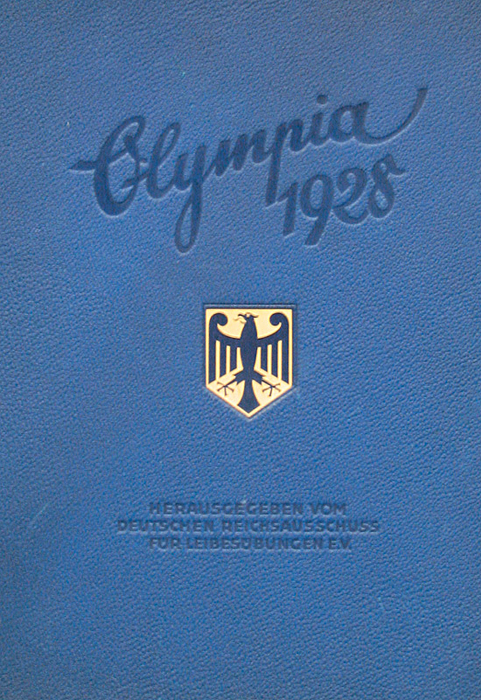 Olympic Games 1928. Leather Binding Report - Subscription edition - full leather binding. The Olympic Games in 1928 Amsterdam. Edited by „Deutscher Reichsbundes für Leibesübungen“ German National Physical Training Union (the German government organization for all physical exercise) approx. 200 black and white photos, voluminous, extensively illustrated book with many statistics and interesting texts. Rarity. Subscription edition in blue calf leather only for business partners and VIPs of Reemtsma company. Edges slightly rubbed off. Gold embossed coat of arms. One of only 100 limited edition!! Condition: B-